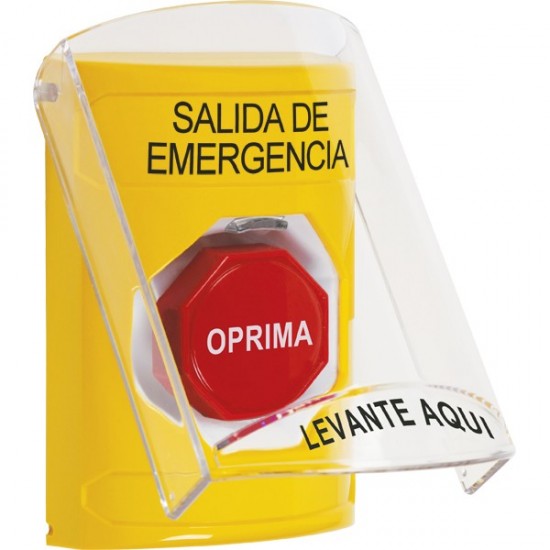 SS2228EX-ES STI Yellow Indoor Only Flush or Surface Pneumatic (Illuminated) Stopper Station with EMERGENCY EXIT Label Spanish