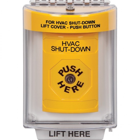 SS2230HV-EN STI Yellow Indoor/Outdoor Flush Key-to-Reset Stopper Station with HVAC SHUT DOWN Label English