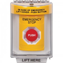 SS2231ES-EN STI Yellow Indoor/Outdoor Flush Turn-to-Reset Stopper Station with EMERGENCY STOP Label English