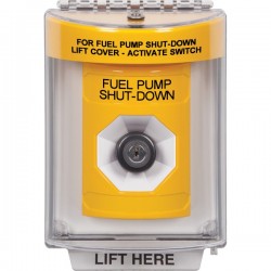 SS2233PS-EN STI Yellow Indoor/Outdoor Flush Key-to-Activate Stopper Station with FUEL PUMP SHUT DOWN Label English