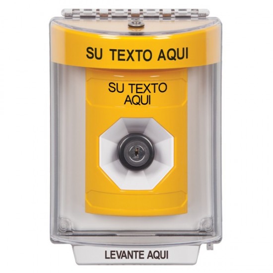 SS2233ZA-ES STI Yellow Indoor/Outdoor Flush Key-to-Activate Stopper Station with Non-Returnable Custom Text Label Spanish