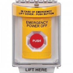 SS2234PO-EN STI Yellow Indoor/Outdoor Flush Momentary Stopper Station with EMERGENCY POWER OFF Label English