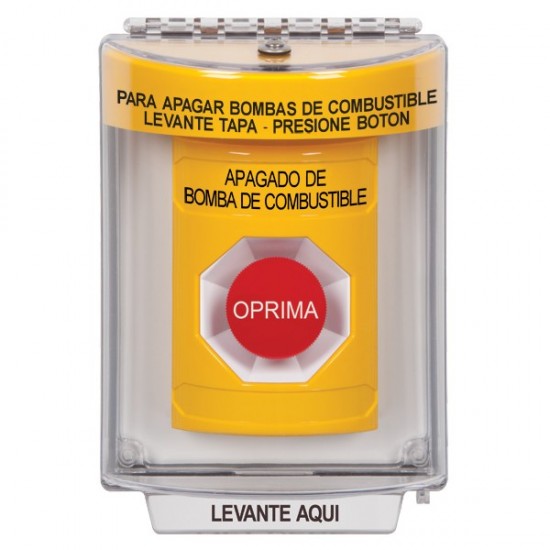 SS2234PS-ES STI Yellow Indoor/Outdoor Flush Momentary Stopper Station with FUEL PUMP SHUT DOWN Label Spanish