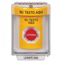 SS2234ZA-ES STI Yellow Indoor/Outdoor Flush Momentary Stopper Station with Non-Returnable Custom Text Label Spanish