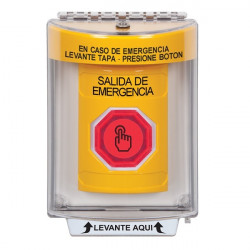 SS2236EX-ES STI Yellow Indoor/Outdoor Flush Momentary (Illuminated) with Red Lens Stopper Station with EMERGENCY EXIT Label Spanish