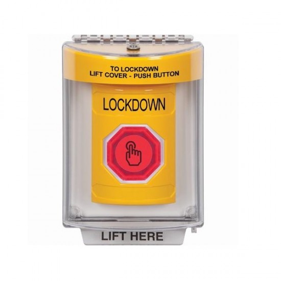 SS2236LD-EN STI Yellow Indoor/Outdoor Flush Momentary (Illuminated) with Red Lens Stopper Station with LOCKDOWN Label English