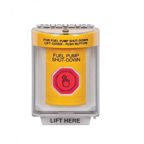 SS2237PS-EN STI Yellow Indoor/Outdoor Flush Weather Resistant Momentary Stopper Station w/ FUEL PUMP SHUT DOWN Label