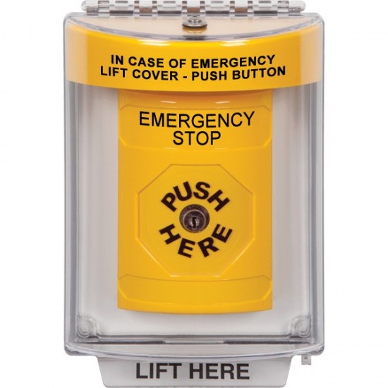 SS2240ES-EN STI Yellow Indoor/Outdoor Flush w/ Horn Key-to-Reset Stopper Station with EMERGENCY STOP Label English