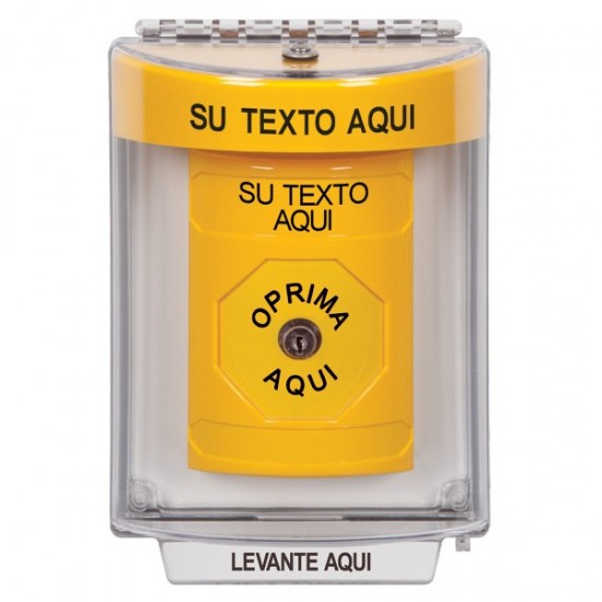 SS2240ZA-ES STI Yellow Indoor/Outdoor Flush w/ Horn Key-to-Reset Stopper Station with Non-Returnable Custom Text Label Spanish