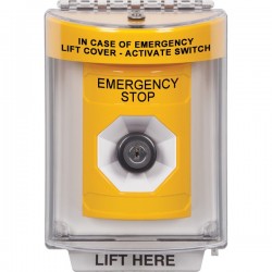 SS2243ES-EN STI Yellow Indoor/Outdoor Flush w/ Horn Key-to-Activate Stopper Station with EMERGENCY STOP Label English