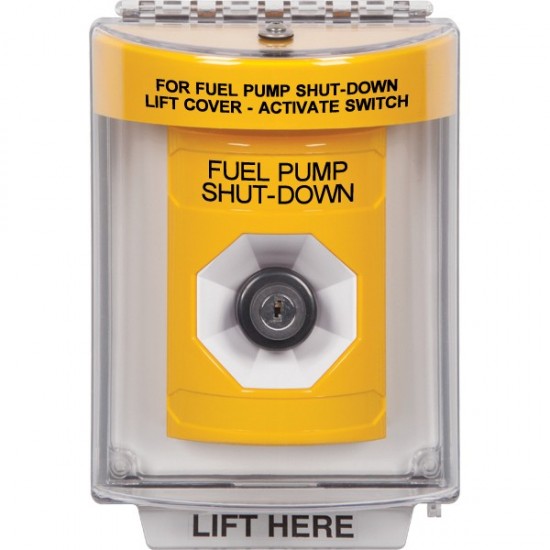 SS2243PS-EN STI Yellow Indoor/Outdoor Flush w/ Horn Key-to-Activate Stopper Station with FUEL PUMP SHUT DOWN Label English