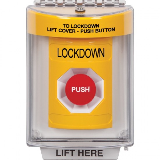 SS2244LD-EN STI Yellow Indoor/Outdoor Flush w/ Horn Momentary Stopper Station with LOCKDOWN Label English