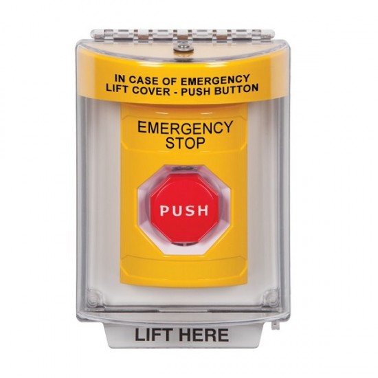 SS2245ES-EN STI Yellow Indoor/Outdoor Flush w/ Horn Momentary (Illuminated) Stopper Station with EMERGENCY STOP Label English