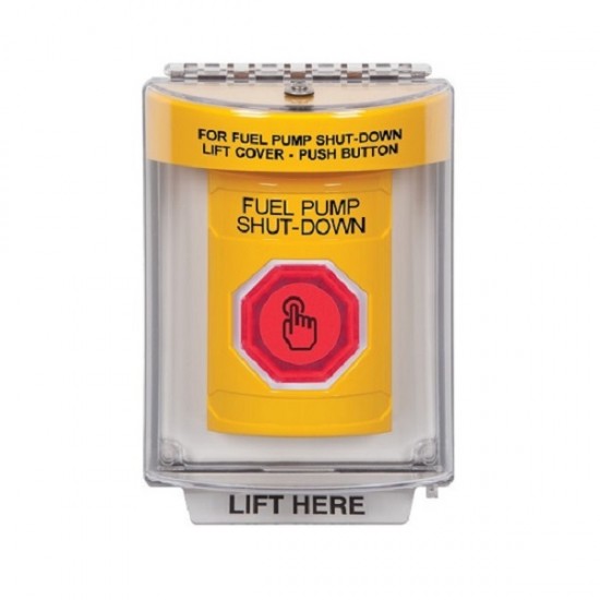 SS2247PS-EN STI Yellow Indoor/Outdoor Flush w/ Horn Weather Resistant Momentary Stopper Station w/ FUEL PUMP SHUT DOWN Label