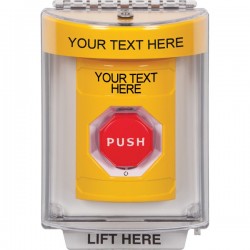 SS2249ZA-EN STI Yellow Indoor/Outdoor Flush w/ Horn Turn-to-Reset Stopper Station w/ Custom Text Label