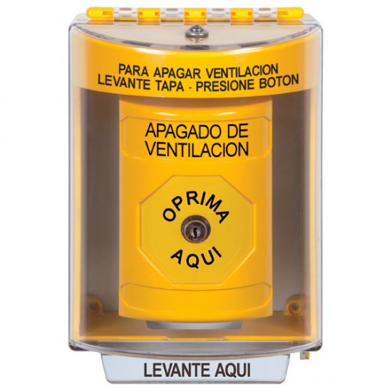 SS2270HV-ES STI Yellow Indoor/Outdoor Surface Key-to-Reset Stopper Station with HVAC SHUT DOWN Label Spanish