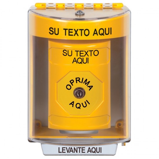 SS2270ZA-ES STI Yellow Indoor/Outdoor Surface Key-to-Reset Stopper Station with Non-Returnable Custom Text Label Spanish