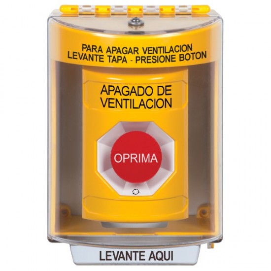 SS2271HV-ES STI Yellow Indoor/Outdoor Surface Turn-to-Reset Stopper Station with HVAC SHUT DOWN Label Spanish