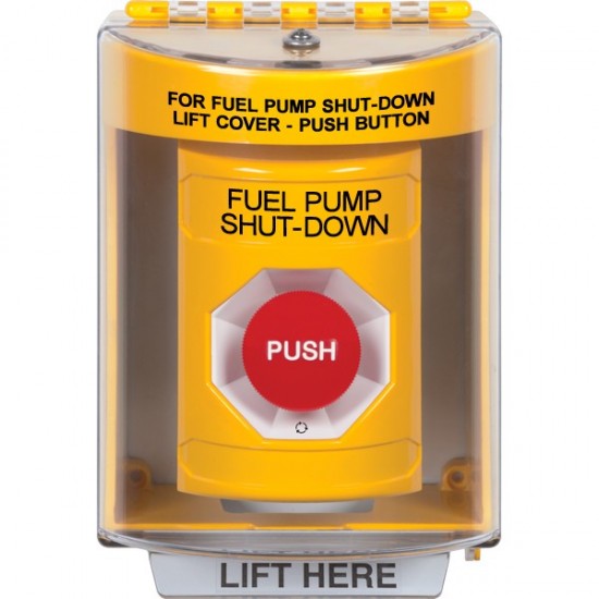 SS2271PS-EN STI Yellow Indoor/Outdoor Surface Turn-to-Reset Stopper Station with FUEL PUMP SHUT DOWN Label English