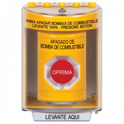 SS2271PS-ES STI Yellow Indoor/Outdoor Surface Turn-to-Reset Stopper Station with FUEL PUMP SHUT DOWN Label Spanish
