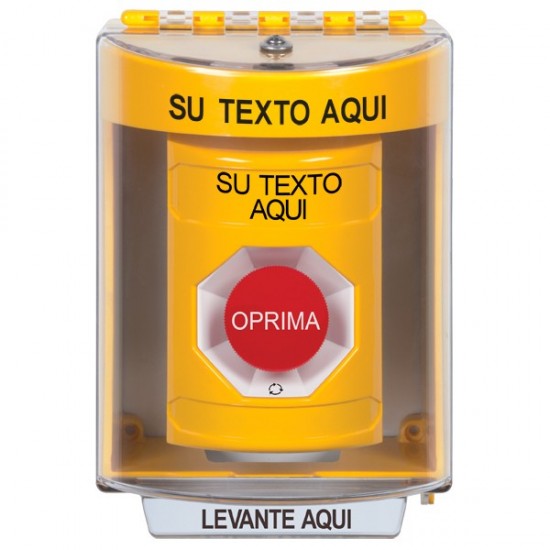 SS2271ZA-ES STI Yellow Indoor/Outdoor Surface Turn-to-Reset Stopper Station with Non-Returnable Custom Text Label Spanish