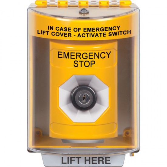 SS2273ES-EN STI Yellow Indoor/Outdoor Surface Key-to-Activate Stopper Station with EMERGENCY STOP Label English