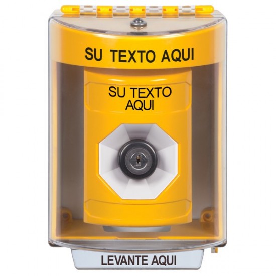 SS2273ZA-ES STI Yellow Indoor/Outdoor Surface Key-to-Activate Stopper Station with Non-Returnable Custom Text Label Spanish
