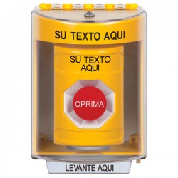SS2274ZA-ES STI Yellow Indoor/Outdoor Surface Momentary Stopper Station with Non-Returnable Custom Text Label Spanish