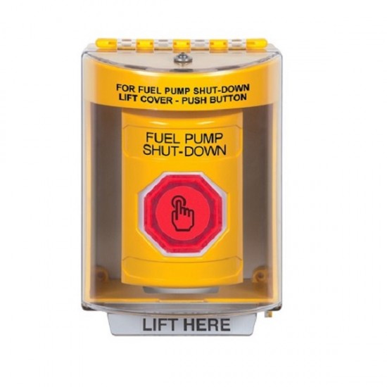 SS2277PS-EN STI Yellow Indoor/Outdoor Surface Weather Resistant Momentary Stopper Station w/ FUEL PUMP SHUT DOWN Label
