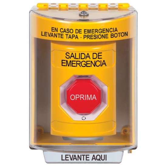 SS2279EX-ES STI Yellow Indoor/Outdoor Surface Turn-to-Reset (Illuminated) Stopper Station with EMERGENCY EXIT Label Spanish