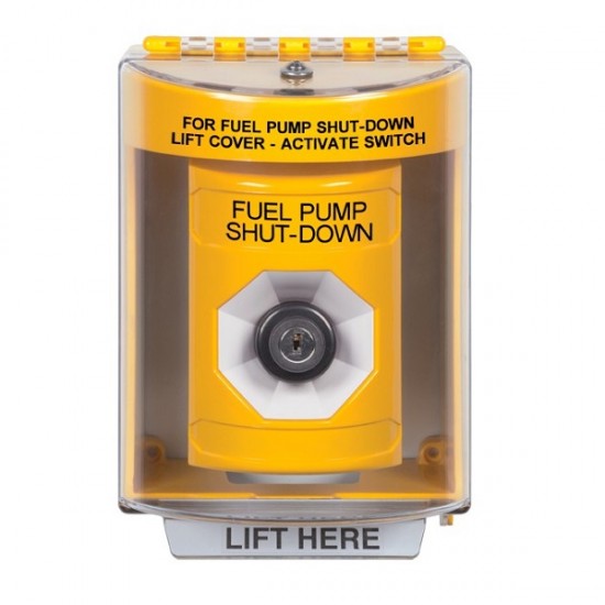 SS2283PS-EN STI Yellow Indoor/Outdoor Surface w/ Horn Key-to-Activate Stopper Station with FUEL PUMP SHUT DOWN Label English