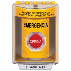SS2284EM-ES STI Yellow Indoor/Outdoor Surface w/ Horn Momentary Stopper Station with EMERGENCY Label Spanish