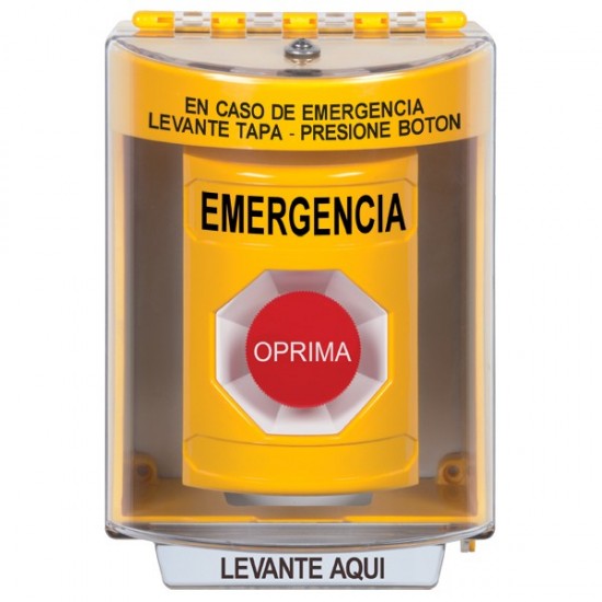 SS2284EM-ES STI Yellow Indoor/Outdoor Surface w/ Horn Momentary Stopper Station with EMERGENCY Label Spanish