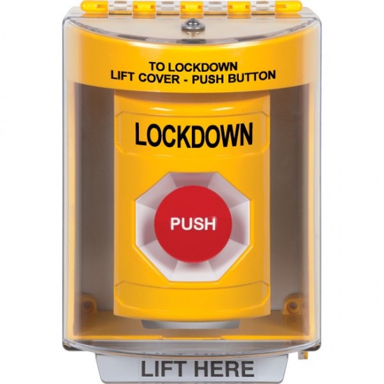 SS2284LD-EN STI Yellow Indoor/Outdoor Surface w/ Horn Momentary Stopper Station with LOCKDOWN Label English