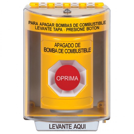SS2284PS-ES STI Yellow Indoor/Outdoor Surface w/ Horn Momentary Stopper Station with FUEL PUMP SHUT DOWN Label Spanish