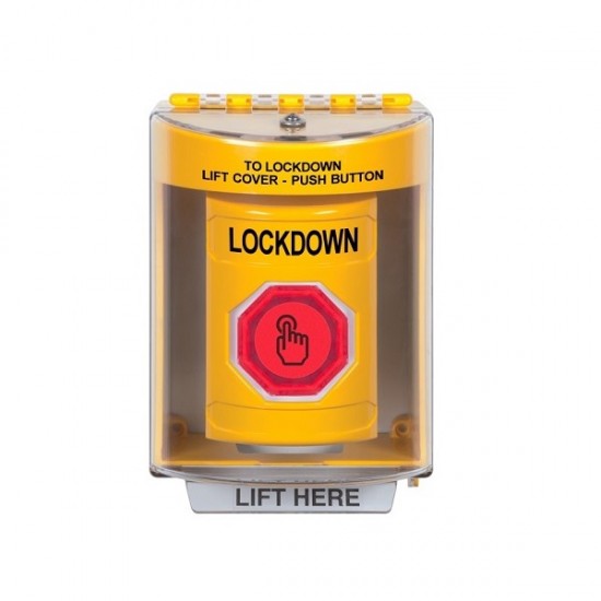 SS2287LD-EN STI Yellow Indoor/Outdoor Surface w/ Horn Weather Resistant Momentary Stopper Station w/ LOCKDOWN Label