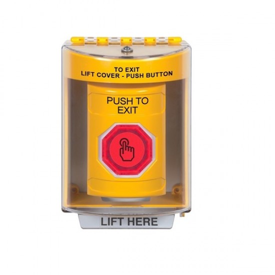 SS2287PX-EN STI Yellow Indoor/Outdoor Surface w/ Horn Weather Resistant Momentary Stopper Station w/ PUSH TO EXIT Label