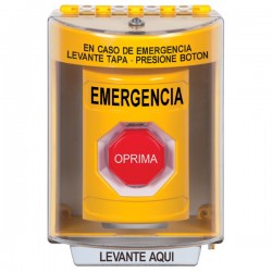 SS2288EM-ES STI Yellow Indoor/Outdoor Surface w/ Horn Pneumatic (Illuminated) Stopper Station with EMERGENCY Label Spanish