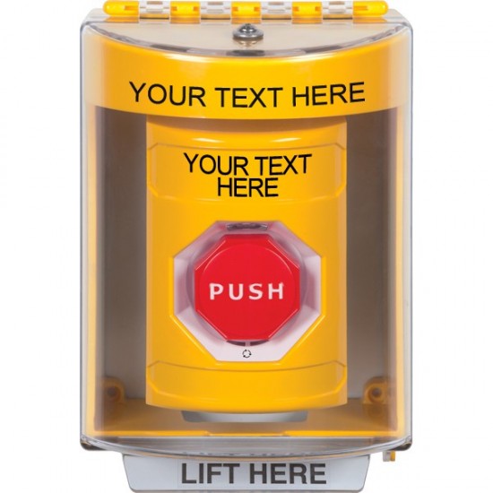 SS2289ZA-EN STI Yellow Indoor/Outdoor Surface w/ Horn Turn-to-Reset Stopper Station w/ Custom Text Label