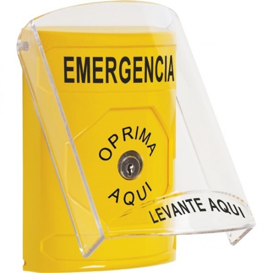 SS22A0EM-ES STI Yellow Indoor Only Flush or Surface w/ Horn Key-to-Reset Stopper Station with EMERGENCY Label Spanish