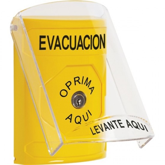 SS22A0EV-ES STI Yellow Indoor Only Flush or Surface w/ Horn Key-to-Reset Stopper Station with EVACUATION Label Spanish