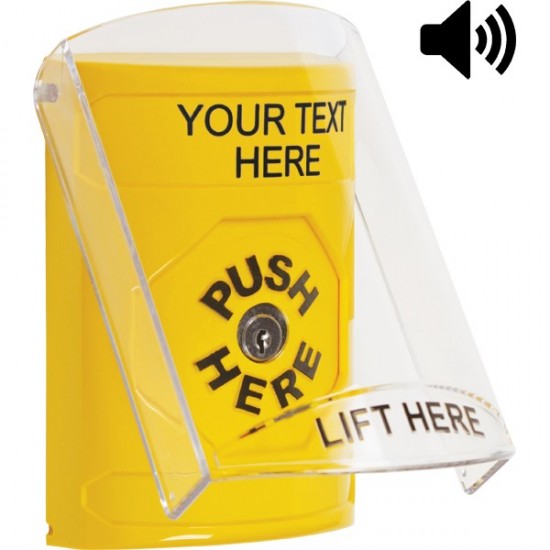 SS22A0ZA-EN STI Yellow Indoor Flush/Surface w/ Horn Key-to-Reset Stopper Station w/ Custom Text Label