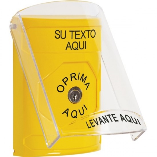 SS22A0ZA-ES STI Yellow Indoor Flush/Surface w/ Horn Key-to-Reset Stopper Station w/ Custom Text Spanish
