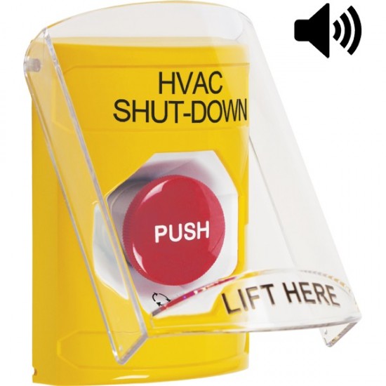 SS22A1HV-EN STI Yellow Indoor Only Flush or Surface w/ Horn Turn-to-Reset Stopper Station with HVAC SHUT DOWN Label English