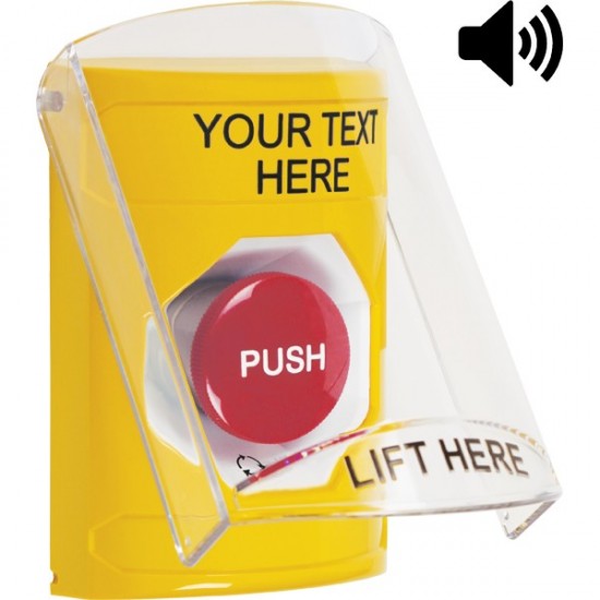 SS22A1ZA-EN STI Yellow Indoor Flush/Surface w/ Horn Turn-to-Reset Stopper Station w/ Custom Text Label