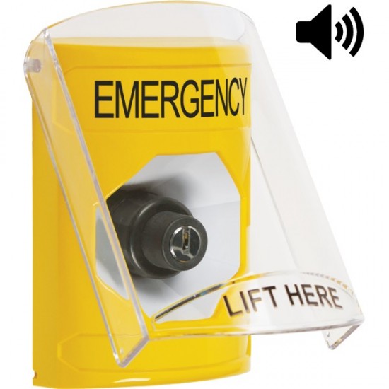 SS22A3EM-EN STI Yellow Indoor Only Flush or Surface w/ Horn Key-to-Activate Stopper Station with EMERGENCY Label English SS22A3EM-EN STI Yellow Indoor Only Flush or Surface w/ Horn Key-to-Activate Stopper Station with EMERGENCY Label English
