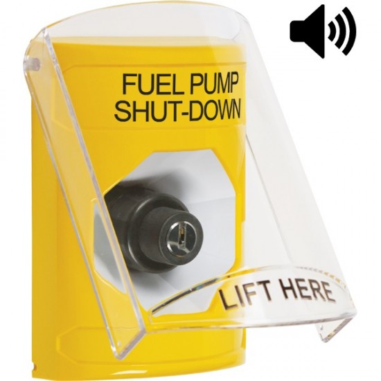 SS22A3PS-EN STI Yellow Indoor Flush/Surface w/ Horn Key-to-Activate Stopper Station w/ FUEL PUMP SHUT DOWN Label