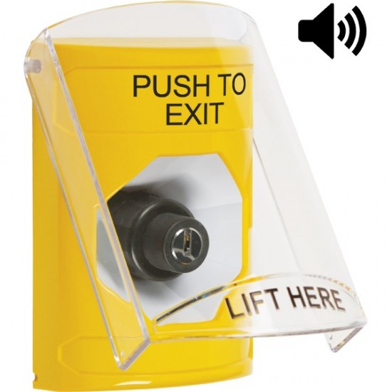 SS22A3PX-EN STI Yellow Indoor Only Flush or Surface w/ Horn Key-to-Activate Stopper Station with PUSH TO EXIT Label English