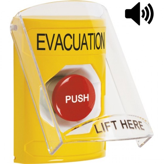 SS22A4EV-EN STI Yellow Indoor Only Flush or Surface w/ Horn Momentary Stopper Station with EVACUATION Label English