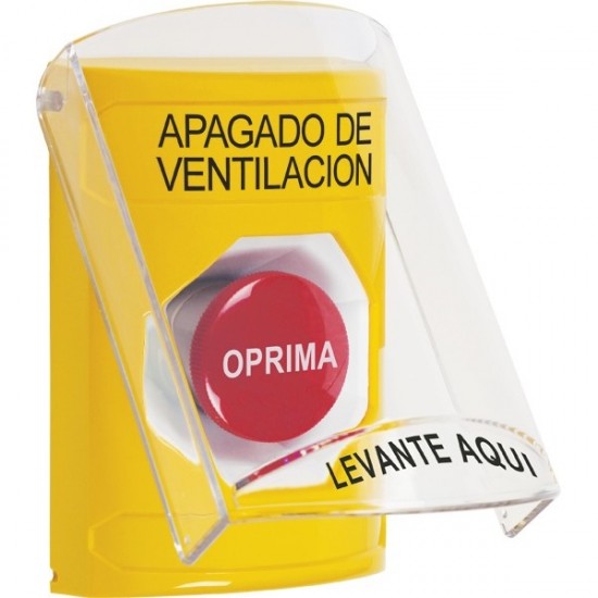 SS22A4HV-ES STI Yellow Indoor Only Flush or Surface w/ Horn Momentary Stopper Station with HVAC SHUT DOWN Label Spanish